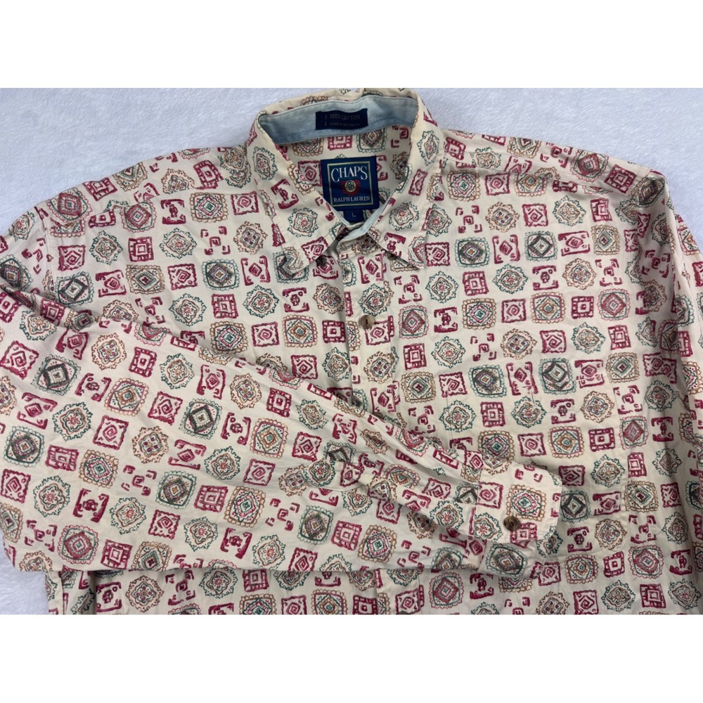 Chaps Ralph Lauren Mens Large Geometric Block Print Cotton Button Down Shirt L